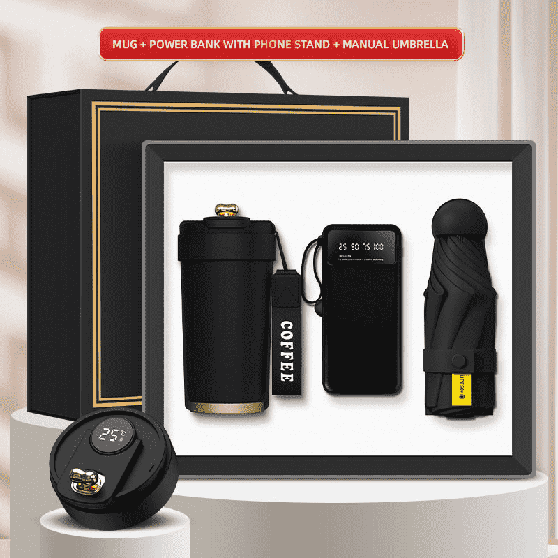 Kohandatud logo 3-in-1 kinkekarbis kruus Power Bank mini vihmavari